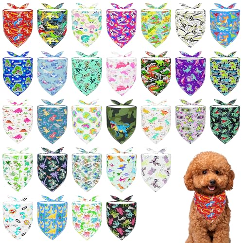 Pai Sence Hundehalstücher mit Dinosaurier-Motiv für kleine Hunde, Polyester, wendbar, bedruckt, einseitig, Dinosaurier, Welpen, Party, Fellpflege, Größe S, 30 Stück von Pai Sence