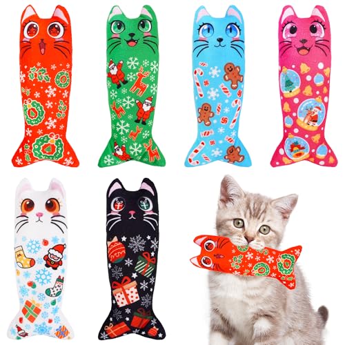 Pai Sence Weihnachts-Katzenminze-Spielzeug für große Katzen, Erwachsene, Indoor-Katzen-Plüsch-Spielzeug mit Knistern, Kätzchen, Beißen, Zahnkicker, Spielzeug, 6 Stück von Pai Sence