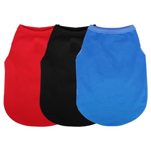 Paiaite 3-teiliges einfarbiges Hunde-Shirt, ärmellos, Baumwolle, atmungsaktiv, Haustierbekleidung, Tanktop, buntes Welpen-Sweatshirt, Kleidung für kleine, mittelgroße Hunde, Rot, Schwarz und Blau von Paiaite