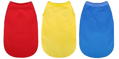 Paiaite Einfarbiges Hunde-Shirt, ärmellos, Baumwolle, atmungsaktiv, Tanktop, buntes Welpen-Sweatshirt, Kleidung für kleine, mittelgroße Hunde, Rot, Gelb und Blau, 3 Stück von Paiaite