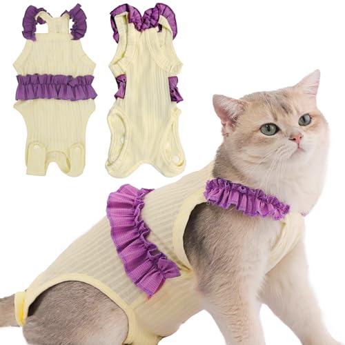 Paipeper Katzen-Genesungsanzug, Kätzchen-Einteiler nach Operationen, E-Halsband-Alternative für Bauchwunden und Hautkrankheiten, weicher, atmungsaktiver Body nach dem Spay (Beige-S) von Paipeper