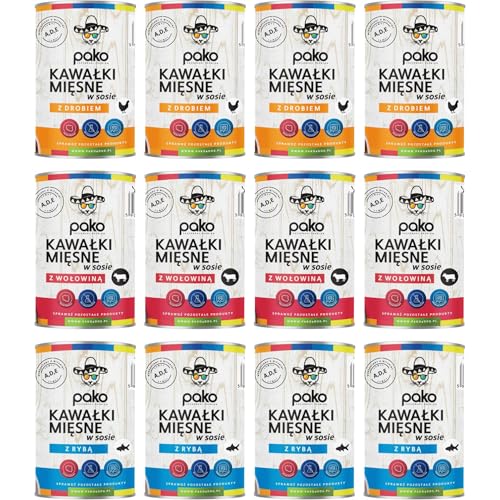 PAKO Nassfutter für Katzen - Mix aus 12 x 415g Dosen | 3 Geschmacksrichtungen, je 4 Dosen | 75% Fleisch und tierische Bestandteile | Vollwertiges Katzenfutter mit saftigen Fleischstücken von Pako