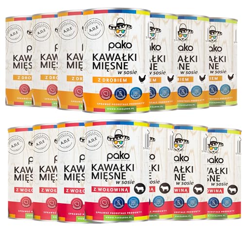 Pako: 20 x 415g Nassfutter für Katzen - Geschmackvolle Vielfalt für Ihre Samtpfote! 10 Dosen mit Hühnchen und 10 mit Rind von Pako