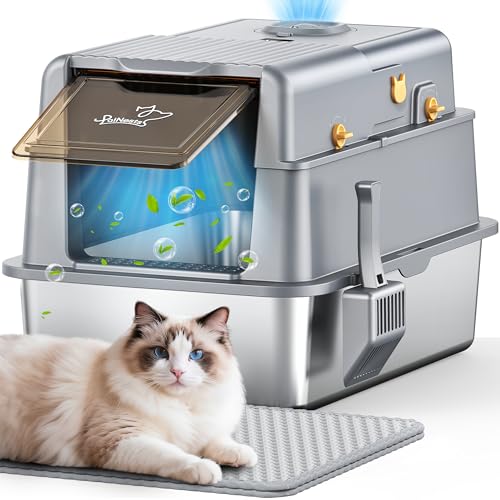 PalNests Rostfreier Stahl Katzenklo, XXL Edelstahl Katzenklo mit 105°-Klappdeckel, Katzentoilette aus Metall mit Plasmagenerator, Katzentoilette mit hohen Seitenwänden und Katzenstreu-Deodorant PalNests Rostfreier Stahl Katzenklo, XXL Edelstahl Katzenklo mit 105°-Klappdeckel, Katzentoilette aus Metall mit Plasmagenerator, Katzentoilette mit hohen Seitenwänden und Katzenstreu-Deodorant von PalNests