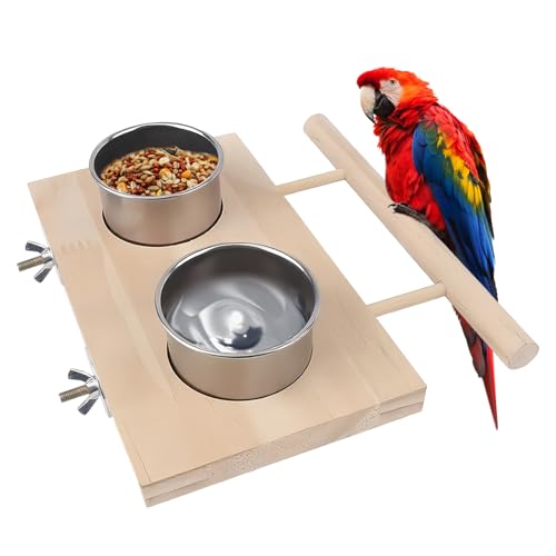 Pamtns Vogelfütterungsschale Vogelfutter Edelstahl Tassen Holz Sitzstange Stand Futterbecher für Papageien mit Stand Vogelnapf Futter Schüssel Futternapf zum Einhängen Fütterung und Tränken Zubehör von Pamtns