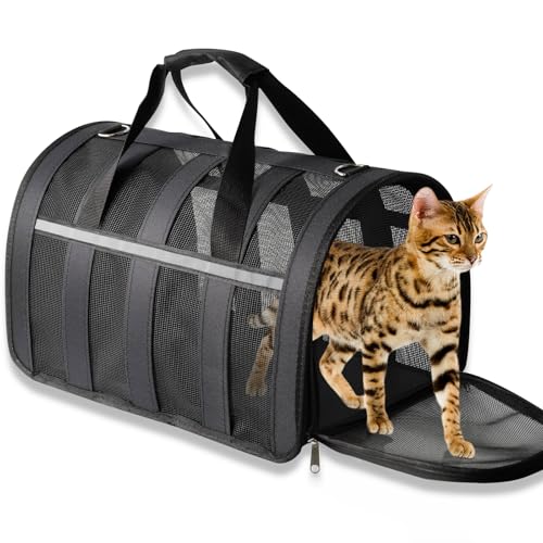 Von Fluggesellschaften zugelassene Katzentragetasche für kleine und mittelgroße Haustiere bis zu 6,8 kg, weiche, faltbare Reisetasche mit atmungsaktivem Netz, leichtes und tragbares Design, Schwarz von PanXingJiang