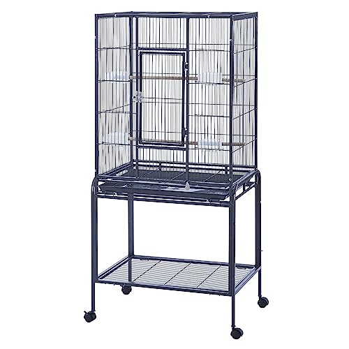 Großer Vogelkäfig, Papageienkäfig, breiter Flug, Metall, Tierkäfig für Wellensittiche, Sittiche, Sittiche, mit Rollständerrädern (schwarz, 62 L x 43 B x 136 H) von Panana