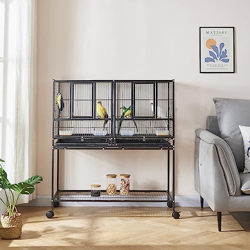 Großer Vogelkäfig Papageienkäfig Breiter Flug Metall Tierkäfig für Wellensittiche Sittiche Conure mit Rollständer Rollen (Schwarz, 95L x 45,5B x 105H) von Panana