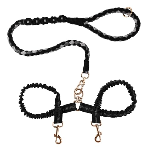 Verwicklungsfreie Doppel-Hundeleine, langlebiges Doppelseil für Spaziergänge mit 2 Hunden, reflektierende Sicherheit, stoßdämpfend und verstellbar, Schwarz, Größe L (11,3–68 kg) von Panda Jianghu