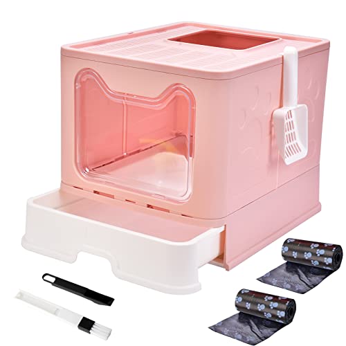 Panghuhu88 Katzentoilettenboxen mit Deckel, faltbar, leicht zu reinigen, inklusive Katzenstreuschaufel und 2 Müllbeutel (Pink) von Panghuhu88