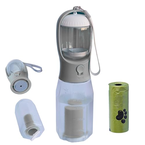 PANJAL Tragbare Hunde-Wasserflasche, 600 ml, 4-in-1, multifunktional, auslaufsicher, BPA-frei, Kotbeutelspender, Snack-Fach, Kohlefilter – Outdoor-Spaziergänge, Wandern, Reisen – Grau von Panjal