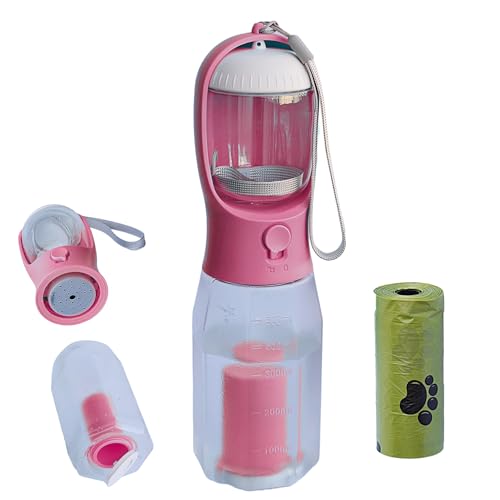 PANJAL Tragbare Hunde-Wasserflasche, 600 ml, 4-in-1, multifunktional, auslaufsicher, BPA-frei, Kotbeutelspender, Snack-Fach, Kohlefilter – Outdoor-Spaziergänge, Wandern, Reisen – Pink von Panjal