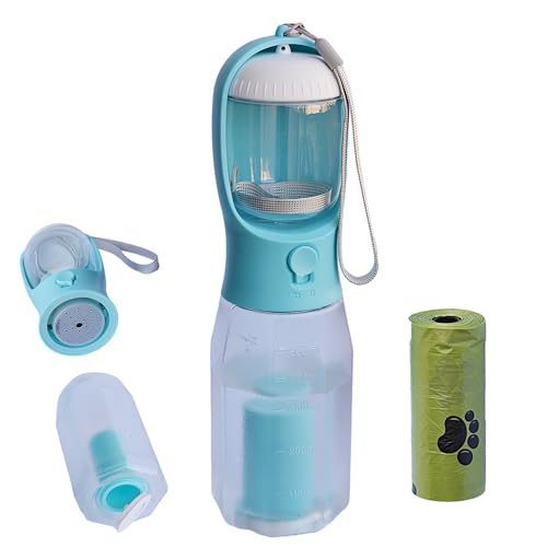 PANJAL Tragbare Hunde-Wasserflasche, 600 ml, 4-in-1, multifunktional, auslaufsicher, BPA-frei, Kotbeutelspender, Snack-Fach, Kohlefilter – Outdoor-Spaziergänge, Wandern, Reisen – Türkisblau von Panjal