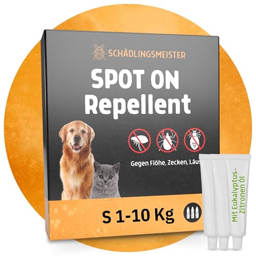 Spot On Repellent - 3 Tuben - Gegen Flöhe, Zecken, Läuse - Für Katzen und Hunde - Zum direkten Auftragen auf die Haut - Schutz mit 30% Eukalyptus-Zitronenöl - Flöhe bekämpfen (S (1-10 KG)) von Panteer