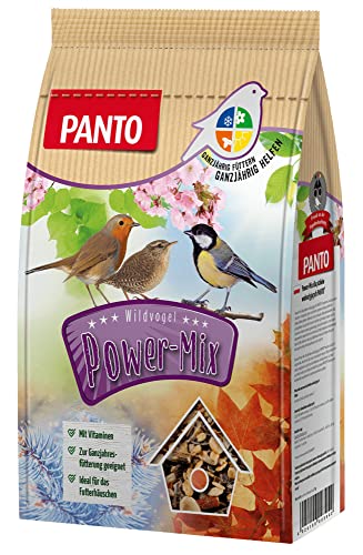 PANTO Wildvogelfutter Power Mix – 4x1,7 kg Vogelfutter für Futterhäuschen, Streufutter für Vögel mit Sonnenblumenkernen, Erdnüssen, Rosinen, Getreideflocken von PANTO