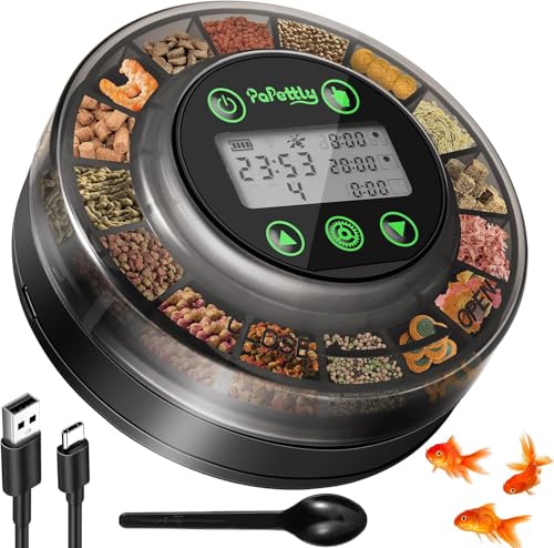 Papettly Futterautomat Aquarium, Automatischer Fischfutterautomat für Aquarium mit Timer, Futterautomat, Wiederaufladbare Fische Fischfutterspender mit USB-Kabel LCD-Anzeige Fisch Futterautomaten von Papettly
