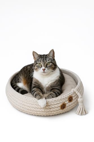 Parduzi Gehäkeltes Katzen- & Hundebett für kleine Rassen/Haustierkörbchen/Katzenkörbchen/Hundekorb (Naturweiß) von Parduzi