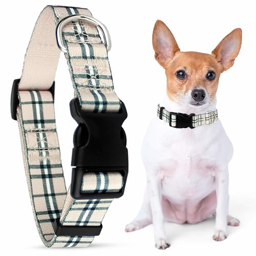 Parisian Pet Adjustable Nylon Dog Collar | Scottish Khaki Plaid Dog Collar | Size - S von Parisian Pet