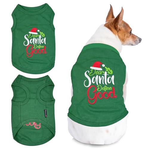 Parisian Pet Weihnachtshemd – bestickt "Dear Santa Define Good" – 100 % Baumwolle ärmelloses T-Shirt – maschinenwaschbare Weste für kleine Hunde – XXS Parisian Pet Weihnachtshemd – bestickt "Dear Santa Define Good" – 100 % Baumwolle ärmelloses T-Shirt – maschinenwaschbare Weste für kleine Hunde – XXS von Parisian Pet
