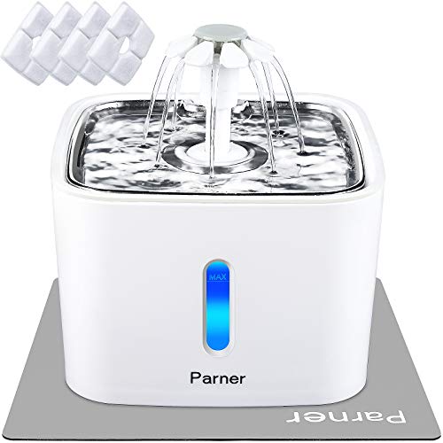 Katzen Trinkbrunnen, Parner Wasserspender für Katzen mit Wasserstand Fenster, Katzen-Blumen-Art-Wasserschüssel mit 4 Stück Hygienefilter & 1 Silikonmatte, Trinkbrunnen für Haustiere mit LED-Licht-2.5L von Parner