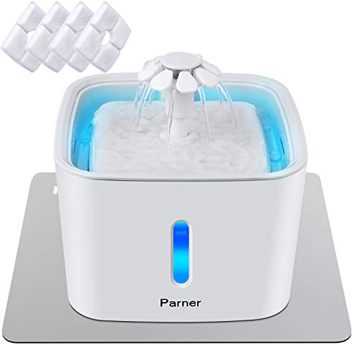 Parner Katzen Trinkbrunnen, Wasserspender für Katzen mit Wasserstand Fenster, Katzen-Blumen-Art-Wasserschüssel mit 4 Stück Hygienefilter & 1 Silikonmatte, Trinkbrunnen für Haustiere mit LED-Licht. von Parner