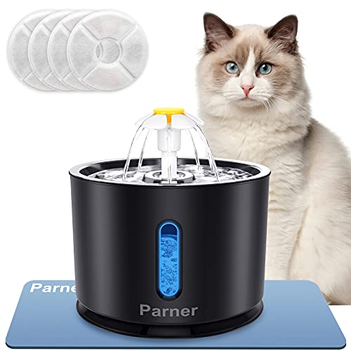 Parner Katzenbrunnen, Trinkbrunnen Wasserspender für Katzen mit Wasserstand Fenster, 2.4L Cat Water Fountain Rostfreier mit 4 Stück Hygienefilter & 1 Silikonmatte für Haustiere (WF09) von Parner