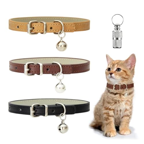 Parthan 3 Stück Halsband für Katzen, Katzenhalsband aus PU-Leder mit Anhänger und Glöckchen, Verstellbar, Komfortabel für Katzen und Kleine Haustiere, Haustier Halsband von Parthan