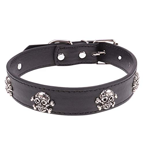 1 x schwarzes Leder-Halsband mit Totenkopf- , verstellbar, Haustierzubehör für Hunde und Welpen, als Geschenk von PartyKindom