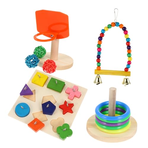 PartyKindom 4 Sätze Papageien Trainingsspielzeug Set Teiliges Holzspielzeug für Vögel Kau Ring und Basketballkorb für Wellensittiche und Nymphensittiche Intelligenz und Zufällige Farbe von PartyKindom