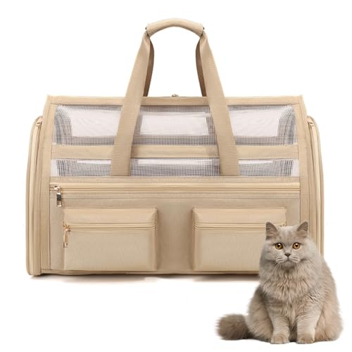 Pasdrucn Faltbare Katzentransportbox, 10 Kg Faltbare Transportbox Katze Mit Schulterriemen, Weiche Tragetasche Für Katzen Und Hunde,hundekäfig Auto, Haustiertragetasche,Katzenzubehör (Beige) von Pasdrucn