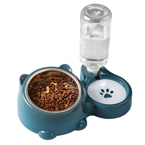 Pasdrucn Katzennapf-15°Kipphals, 2er Futternapf Katze Mit Wasserflasche Katzennapf, Wassernapf Katze Doppel-Katzennäpfe Mit Wasserspender Für Haustiere, (Dunkelblau) von Pasdrucn