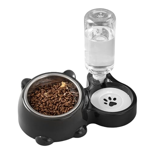 Pasdrucn Katzennapf-15°Kipphals, 2er Futternapf Katze Mit Wasserflasche Katzennapf, Wassernapf Katze Doppel-Katzennäpfe Mit Wasserspender Für Haustiere, (Dunkelgrau) von Pasdrucn