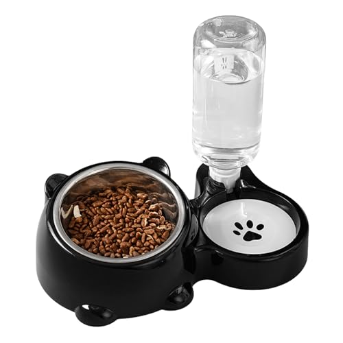 Pasdrucn Katzennapf-15°Kipphals, 2er Futternapf Katze Mit Wasserflasche Katzennapf, Wassernapf Katze Doppel-Katzennäpfe Mit Wasserspender Für Haustiere, (Schwarz) von Pasdrucn
