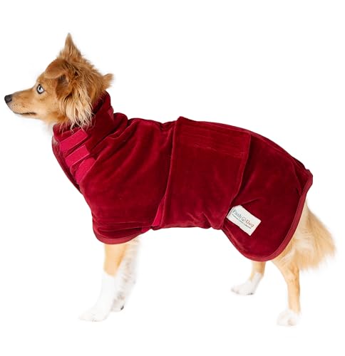 Pash Dog Hundebademantel aus 100% Bio-Baumwolle für Kleine Mittelgroße Große Hunde, Verstellbar mit Klettverschluss, Saugfähig und Schnelltrocknend, 600 Gr/m2 Double Layer Frottee (M, Rot) von Pash