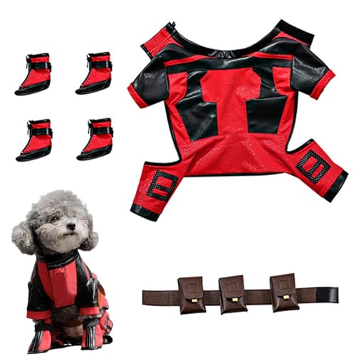 Pastoralist Hund Superhelden Kostüm, Dogpool-Kostüm für Hunde, Halloween-Outfit Mit Stiefeln und Gürtel für Kleine Hunde von Pastoralist