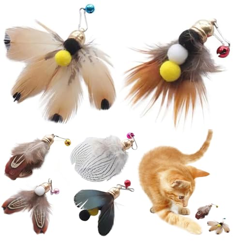 Pastoralist Katzenfederspielzeug, 6pcs Interactive Cat -Zauberstab Spielzeug, Ersatzkatze Teaser Zauberstab, natürlicher Katzenfeder -Zauberstab mit Glocke von Pastoralist