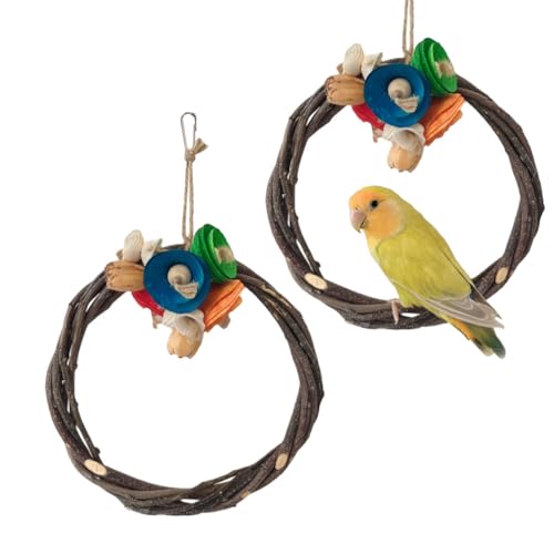 2Pcs Kreis Apfel Holz Zweig Stroh Stand Vogel Sitzstangen Stand Hanging Kauspielzeug Für Papageien Vogel Spielplatz Käfig Zubehör Futtersuche Spielzeug Für Lovebird Wellensittich Sittich von PatPatPet