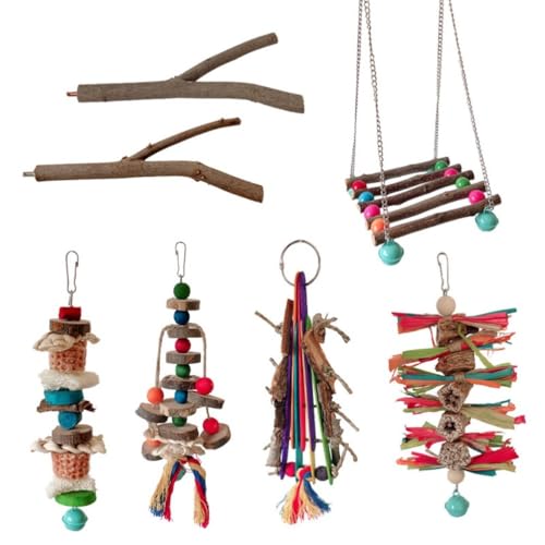 PatPatPet 7PCS Vogelspielzeug Für Sittiche & Kleine Vögel - Holzstange, Schaukeln Mit Bunten Holzkugeln, Natürliches Material Klettern Kauspielzeug Für Sittich, Nymphensittich & Wellensittich von PatPatPet