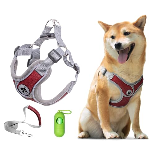 Patas Lague Hundegeschirr mit Leine, Set für kleine und mittelgroße Hunde, kein Ziehen, kein Würgen, reflektierend, mit Kotbeuteln und Spender, verstellbar und gepolstert, Rot, Größe M Patas Lague Hundegeschirr mit Leine, Set für kleine und mittelgroße Hunde, kein Ziehen, kein Würgen, reflektierend, mit Kotbeuteln und Spender, verstellbar und gepolstert, Rot, Größe M von Patas Lague