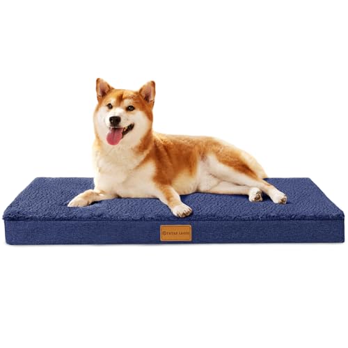 Patas Lague Orthopädisches Hundebett für große Hunde, weich, bequem, wasserdicht, Eierkisten-Schaumstoff, mittlere Haustierbett-Matte mit abnehmbarem, waschbarem Bezug, 91,4 x 61 cm, Marineblau Patas Lague Orthopädisches Hundebett für große Hunde, weich, bequem, wasserdicht, Eierkisten-Schaumstoff, mittlere Haustierbett-Matte mit abnehmbarem, waschbarem Bezug, 91,4 x 61 cm, Marineblau von Patas Lague