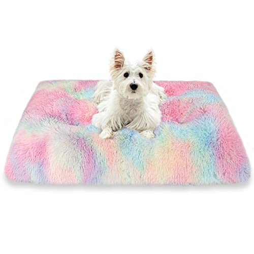 Patas Lague Weiche Plüsch-Hundebett-Kistenmatte für kleine Hunde (66 x 50,8 x 10,2 cm), Kunstfell, flauschig, für Hunde, Katzen, Zwinger-Pad mit rutschfester Unterseite, maschinenwaschbar, Regenbogen von Patas Lague