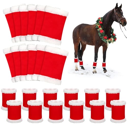 Paterr 12 Stück Weihnachtspferd-Beinbandagen Kunstfell Polyester Stehbandagen für Pferde Schafe Beinwickel Beinwickel für Pferde Weihnachten Party Paraden Supplies (Weihnachtsmannstil) von Paterr