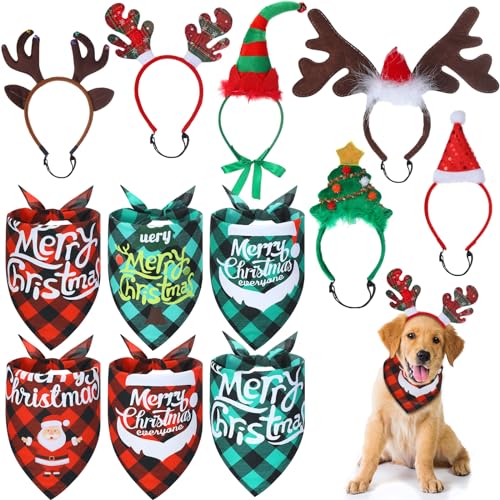 Paterr 12-teiliges Weihnachts-Hundehalstuch-Set enthält 6 Rentiergeweih, 6 weihnachtliche klassische Büffelkarierte Haustiere, Schal, Dreieck-Lätzchen, Weihnachtszubehör für Katzen und Hunde, von Paterr