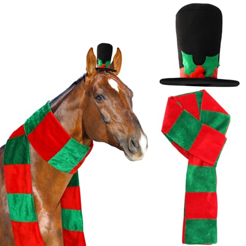 Paterr 2-teiliges Weihnachtspferd-Zubehör, inklusive Weihnachtsschal, Weihnachtspferdmütze für Weihnachten, Pferde-Kostüm-Zubehör (rot, grün, klassisch) von Paterr