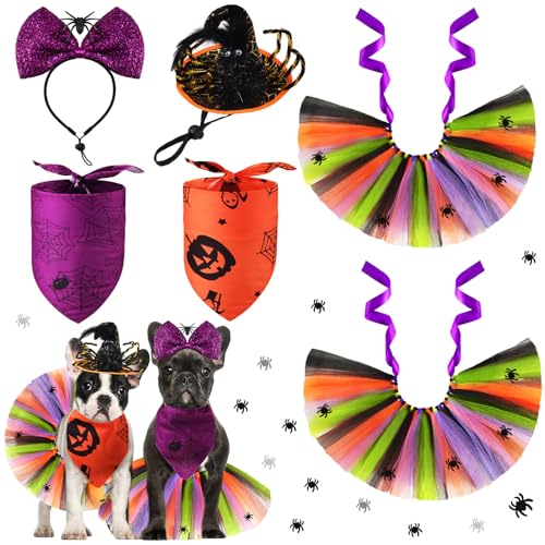 Paterr 6 Stücke Haustier Halloween Kostüm Hund Zubehör Enthält Tüll Tutu Rock Halloween Hund Bandana Niedlich Stirnband Zauberer Hut mit Spinne Halloween Kostüm Supplies von Paterr