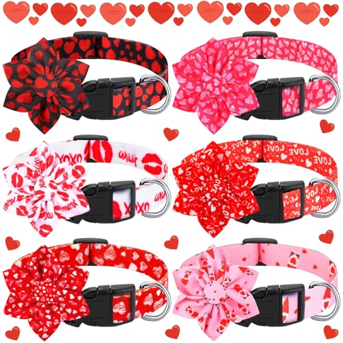 Paterr Valentinstags-Hundehalsband mit Blume, verstellbares Valentinstags-Hundehalsband, Herz-Lippenmuster, rosa PET-Halsbänder mit Kunststoffschnalle für kleine, mittelgroße und große Hunde von Paterr