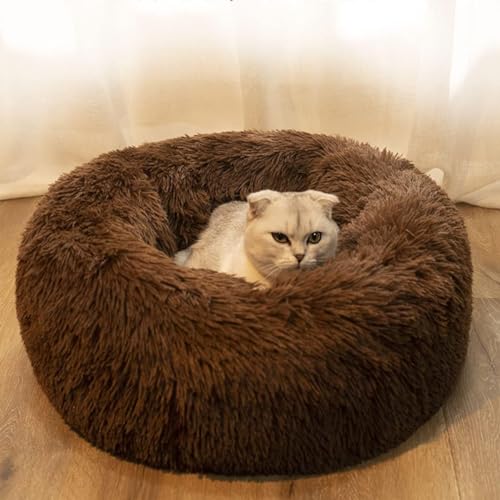 Haustierbett für Katzen oder kleine Hunde, weicher Plüsch, rund, 60 cm, Braun von Patitas Shop