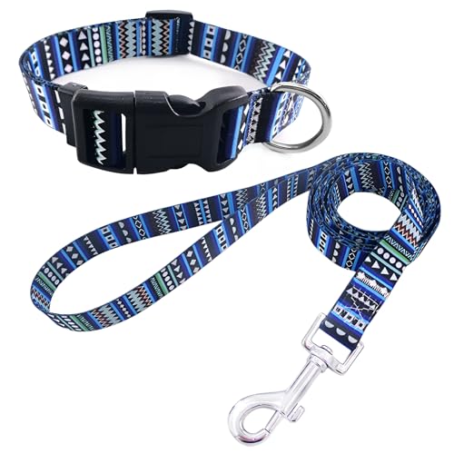 Hundehalsband mit Leine, verstellbar und robust mit modischen Mustern, bequemes Nylonhalsband und Leine für kleine mittelgroße große Hunde, Welpen (L, Design 3) von Patitas Shop