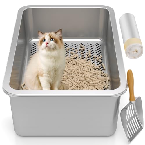 XXL Edelstahl-Siebtoilette für große Katzen, Metallsieb-Katzentoilette für Holz, Kiefernpellets, extra großes Sieb, Katzentoilette, Geruchskontrolle, leicht zu reinigen, mit Einlagen und XXL Edelstahl-Siebtoilette für große Katzen, Metallsieb-Katzentoilette für Holz, Kiefernpellets, extra großes Sieb, Katzentoilette, Geruchskontrolle, leicht zu reinigen, mit Einlagen und von Paulmele