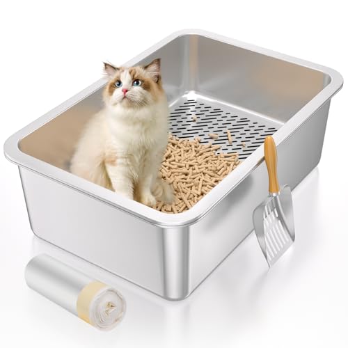 XL Edelstahl-Siebtoilette für große Katzen, Metallsieb-Katzentoilette für Holzkieferpellets, extra großes Sieb, Katzentoilette, Geruchskontrolle, leicht zu reinigen, mit Einsätzen und Metallschaufel XL Edelstahl-Siebtoilette für große Katzen, Metallsieb-Katzentoilette für Holzkieferpellets, extra großes Sieb, Katzentoilette, Geruchskontrolle, leicht zu reinigen, mit Einsätzen und Metallschaufel von Paulmele